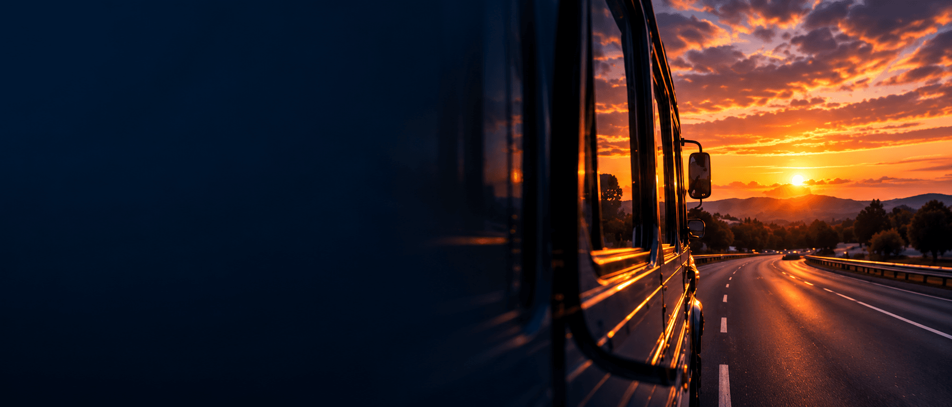 A bus traveling toward a sunset