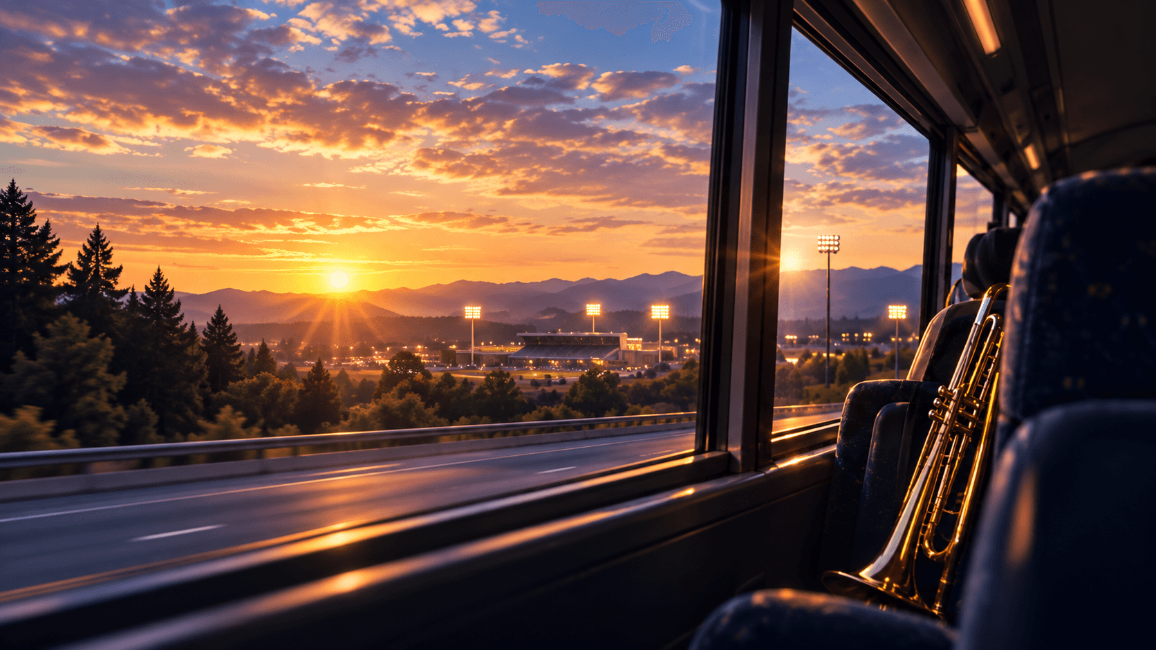 Sunset view from a bus window