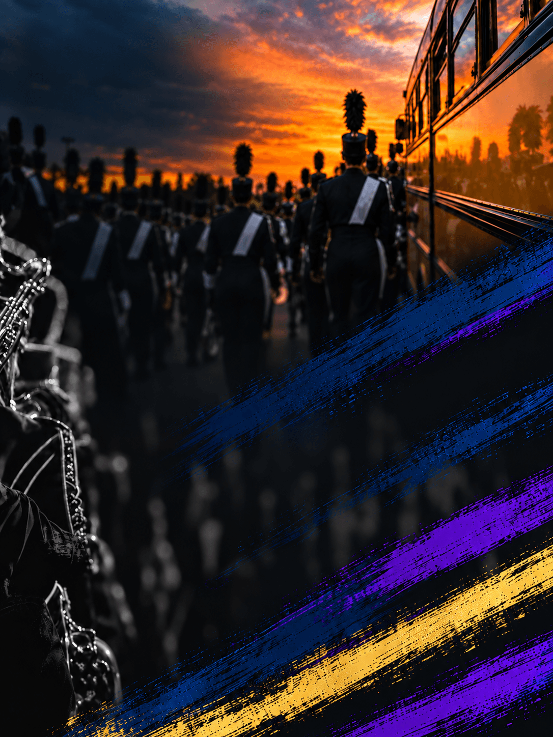 Marching band beside a bus at sunset