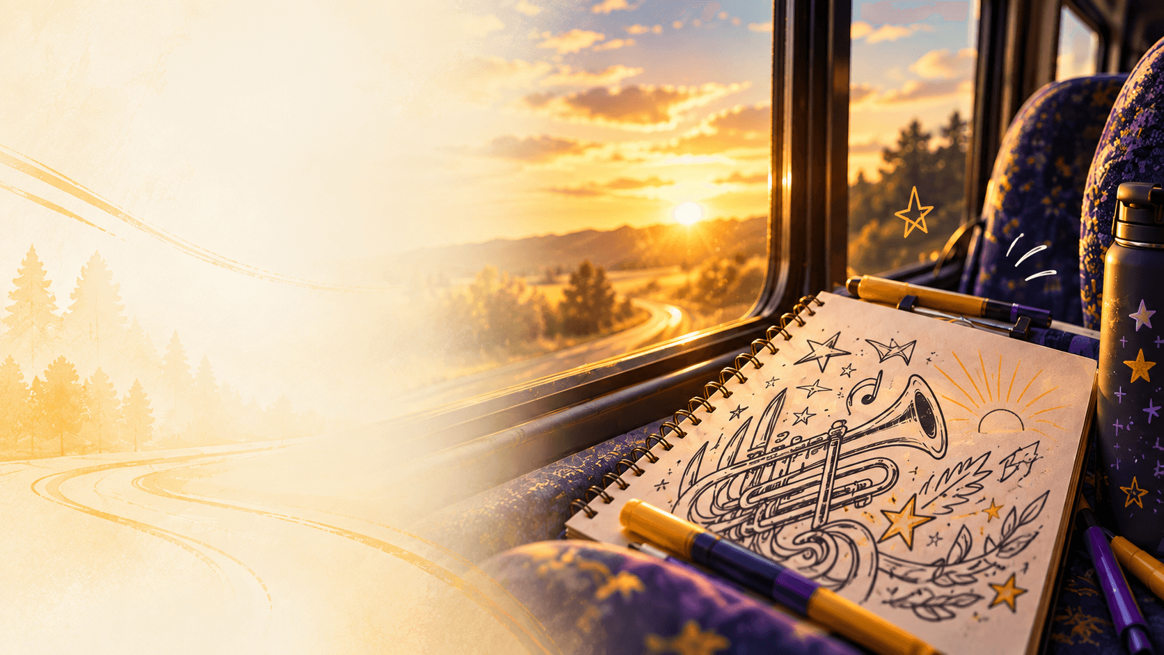 A student drawing on the bus during the ride to contest